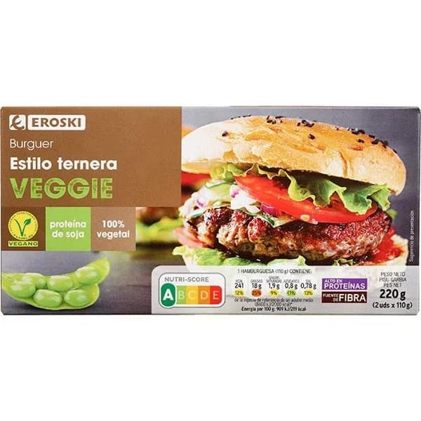 Hamburguesa estilo ternera vegana EROSKI VEGGIE, caja 220 g - 1 ud - Imagen del producto en Findit