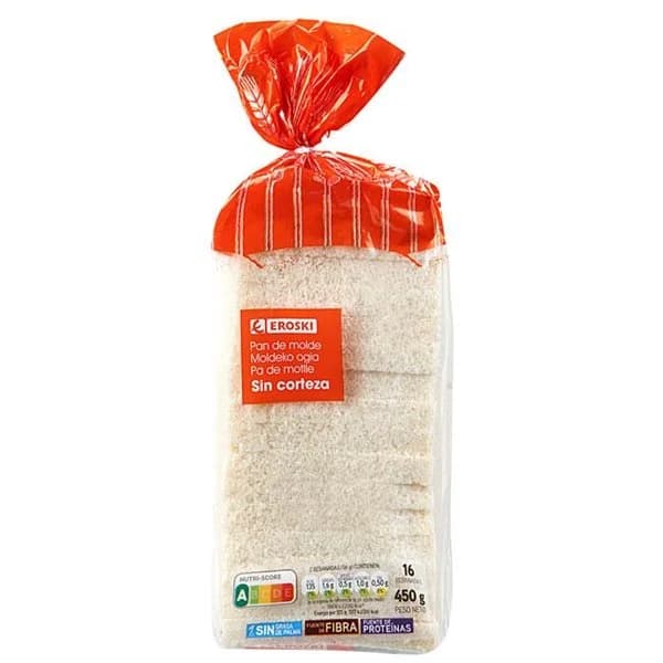 Pan de molde sin corteza EROSKI, paquete 450 g - 0.45 kg - Imagen del producto en Findit