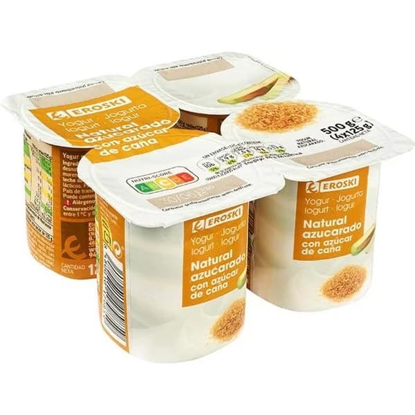 Yogur natural con azúcar de caña EROSKI, pack 4x125 g - 1 ud - Imagen del producto en Findit