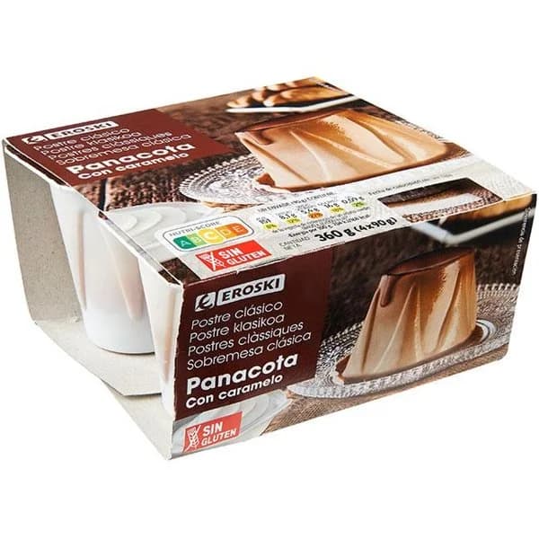 Pannacotta caramelo EROSKI, pack 4x90 g - 0.36 kg - Imagen del producto en Findit