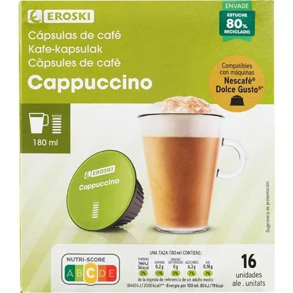 Café capuccino comp. Dolce Gusto EROSKI, caja 16 uds - 16 ud - Imagen del producto en Findit
