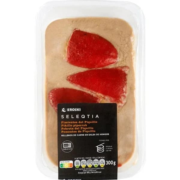 Pimientos rellenos de carne Eroski SELEQTIA, bandeja 300 g - 1 ud - Imagen del producto en Findit