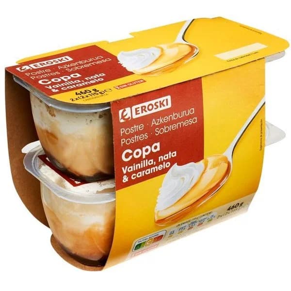 Copa de vainilla-nata-caramelo EROSKI, pack 4x115 g - 0.46 kg - Imagen del producto en Findit