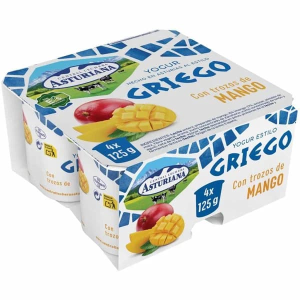 Yogur griego con trozos de mango ASTURIANA pack 4x125 g - 1 ud - Imagen del producto en Findit