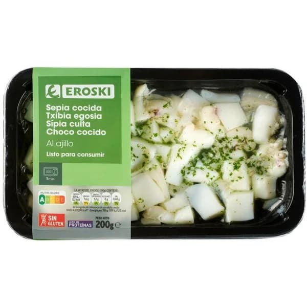 Sepia cocida troceada al ajillo EROSKI, bandeja 200 g - 0.2 kg - Imagen del producto en Findit