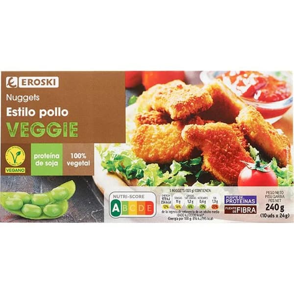 Nuggets estilo pollo vegano EROSKI VEGGIE, caja 240 g - 1 ud - Imagen del producto en Findit