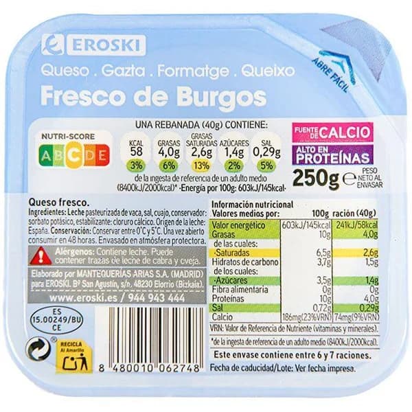Queso fresco de Burgos EROSKI, tarrina 250 g - 1 ud - Imagen del producto en Findit