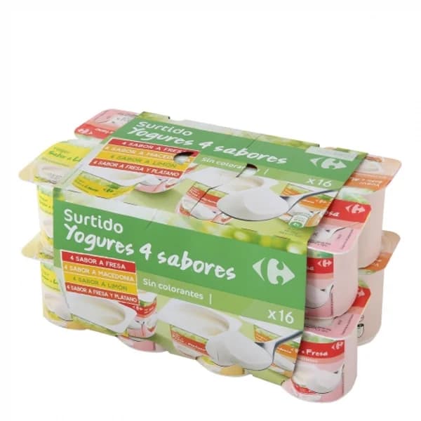 Yogur de fresa  de macedonia  de limón y de fresa-plátano Carrefour pack de 16 unidades de 125 g. - 2.01 kg - Imagen del producto en Findit