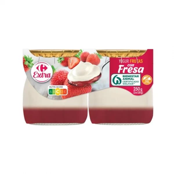 Yogur frutas con fresas Extra Carrefour sin gluten pack de 2 unidades de 125 g. - 0.25 kg - Imagen del producto en Findit