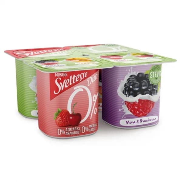 Yogur desnatado de manzana & pera, melocotón & mango, fresa & cereza y mora & frambuesa sin azúcar añadido Sveltesse pack 4 unidades de 120 g. - 1 ud - Imagen del producto en Findit