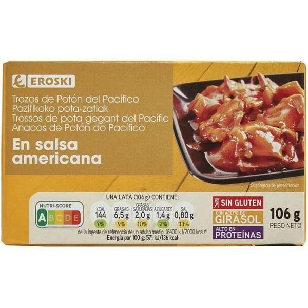 Trozos de potón en salsa americana EROSKI, lata 115 g - 1 ud - Imagen del producto en Findit