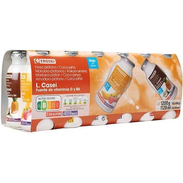 Lcasei fresa, platano y piña coco EROSKI, pack 12x100 ml - 1 ud - Imagen del producto en Findit
