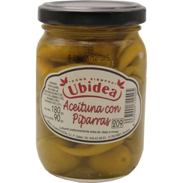 Aceitunas con piparra UBIDEA, frasco 90 g - 1 ud - Imagen del producto en Findit