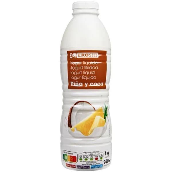 Yogur líquido sabor piña-coco EROSKI, botella 1 litro - 1 ud - Imagen del producto en Findit