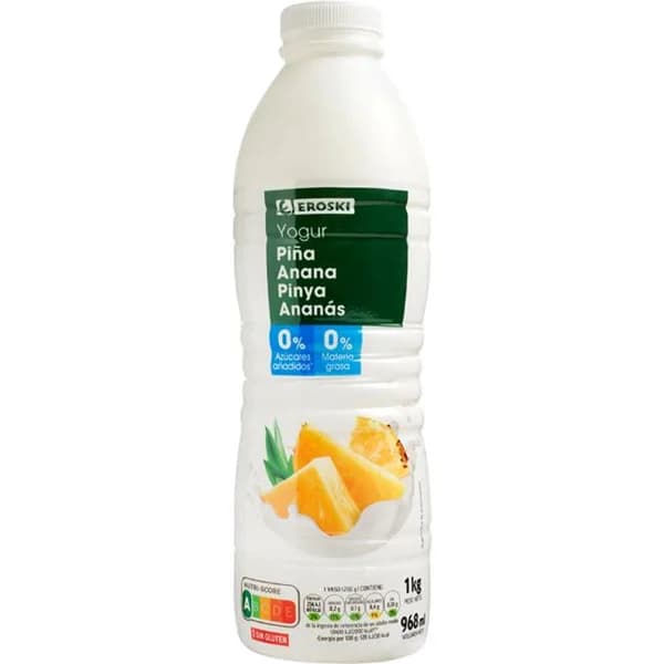 Yogur líquido 00% sabor piña EROSKI, botella 1 litro - 1 ud - Imagen del producto en Findit