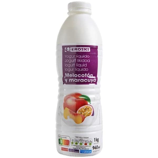 Yogur líquido sabor melocotón-maracuyá EROSKI, botella 1 litro - 1 ud - Imagen del producto en Findit
