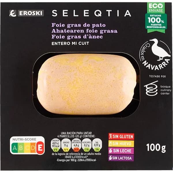 Foie gras entero de pato Eroski SELEQTIA, blister 100 g - 1 ud - Imagen del producto en Findit