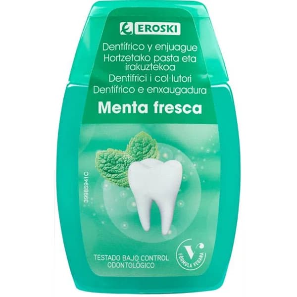 Dentífrico-elixir 2en1 menta fresca EROSKI, bote 100 ml - 1 ud - Imagen del producto en Findit