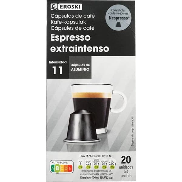 Café expresso extra intenso comp. Nespresso EROSKI, caja 20 uds - 20 ud - Imagen del producto en Findit
