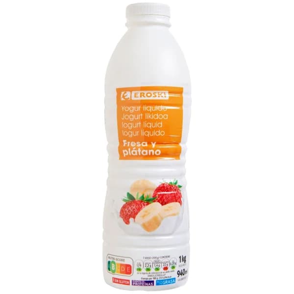 Yogur líquido sabor fresa-plátano EROSKI, botella 1 litro - 1 ud - Imagen del producto en Findit