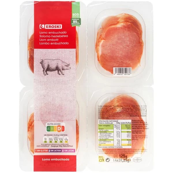 Lomo embuchado EROSKI, pack 4x31,25 g - 0.12 kg - Imagen del producto en Findit
