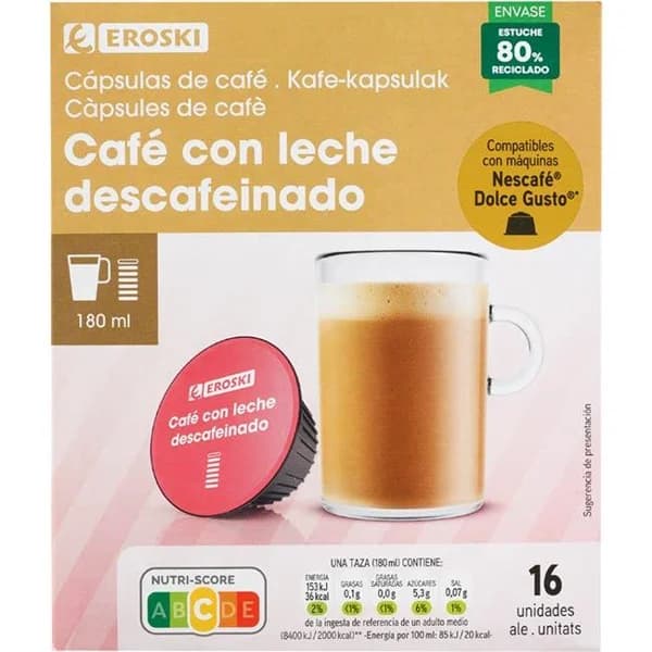 Café c/leche descafeinado comp. Dolce Gusto EROSKI, caja 16 uds - 16 ud - Imagen del producto en Findit