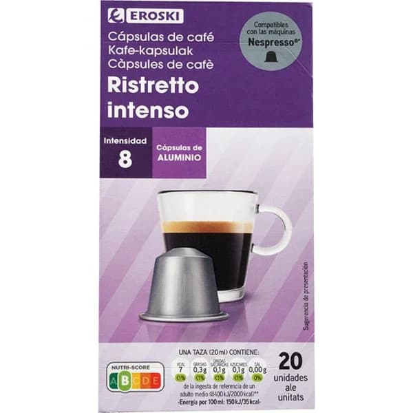 Café Ristreto intenso compatible Nespresso EROSKI, caja 20 uds - 20 ud - Imagen del producto en Findit