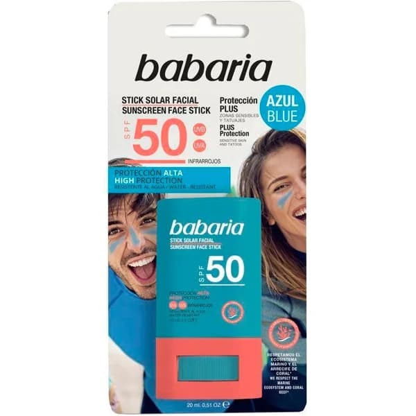 Protector facial solar azul SPF50 BABARIA, stick 20 g - 1 ud - Imagen del producto en Findit