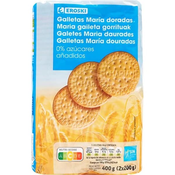 Galleta María Dorada sin azúcar añadido EROSKI, paquete 400 g - 1 ud - Imagen del producto en Findit