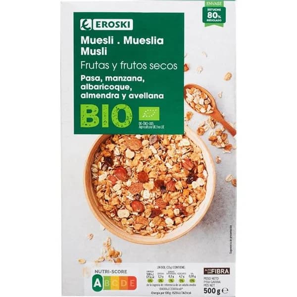 Muesli de frutas EROSKI BIO, caja 500 g - 1 ud - Imagen del producto en Findit