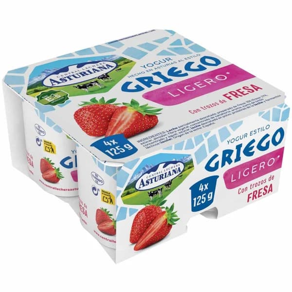Yogur griego ligero con trozos de fresa ASTURIANA pack 4x125 g - 1 ud - Imagen del producto en Findit