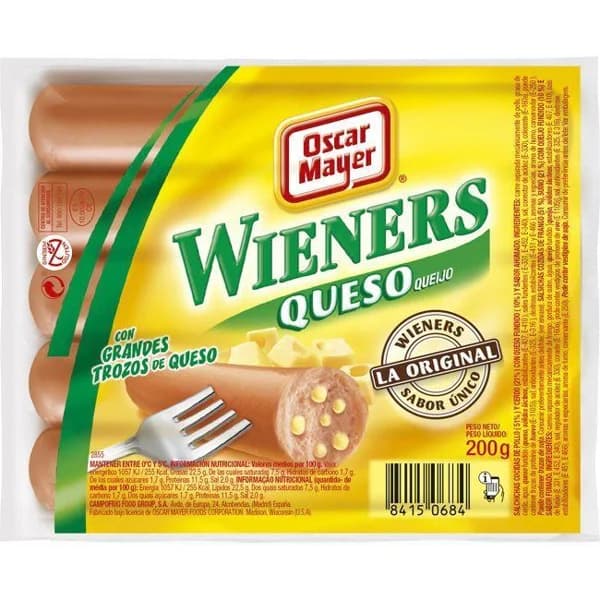 Salchichas Wienner de queso OSCAR MAYER, sobre 200 g - 0.2 kg - Imagen del producto en Findit