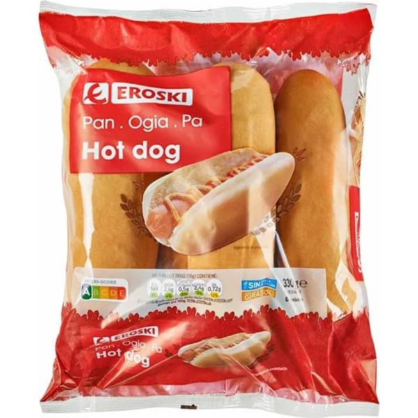 Hot dog EROSKI, 6 uds., paquete 330 g - 0.33 kg - Imagen del producto en Findit