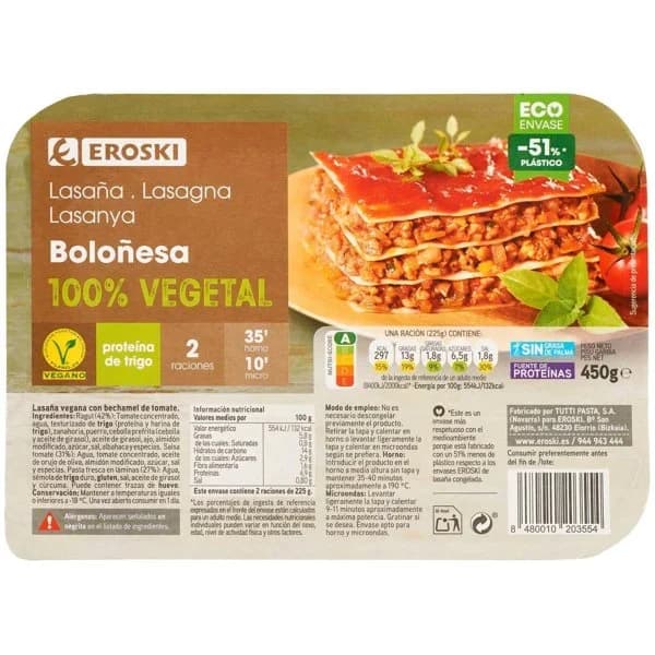 Lasaña vegana de tomate EROSKI VEGGIE, bandeja 450 g - 1 ud - Imagen del producto en Findit