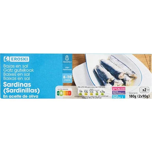 Sardinilla en aceite de oliva baja en sal EROSKI, pack 2x90 g - 1 ud - Imagen del producto en Findit
