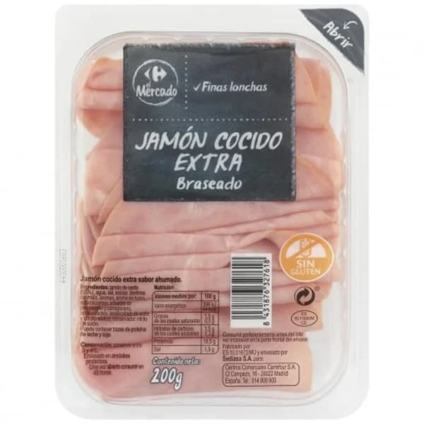 Jamón Cocido Extra Braseado en finas lonchas Carrefour El Mercado sin gluten 200 g - 0.2 kg - Imagen del producto en Findit