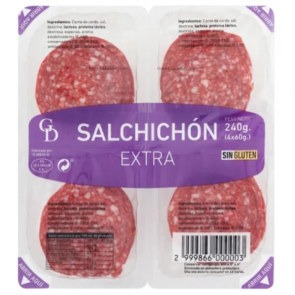 Salchichón extra sin gluten 4x60 g - 0.24 kg - Imagen del producto en Findit