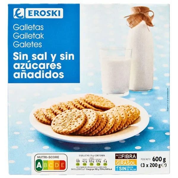 Galleta sin sal-sin azúcar EROSKI, caja 600 g - 1 ud - Imagen del producto en Findit