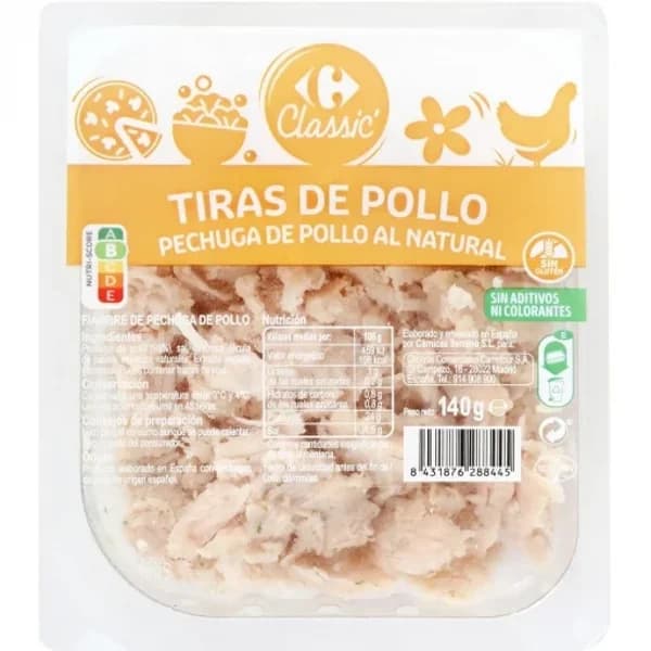 Pechuga de pollo al natural en tiras Carrefour sin gluten 140 g. - 0.14 kg - Imagen del producto en Findit
