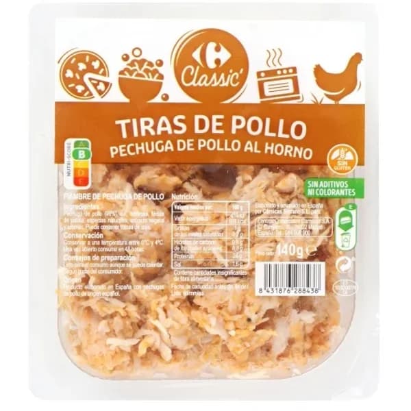 Pechuga de pollo al horno en tiras Carrefour sin gluten 140 g. - 0.14 kg - Imagen del producto en Findit