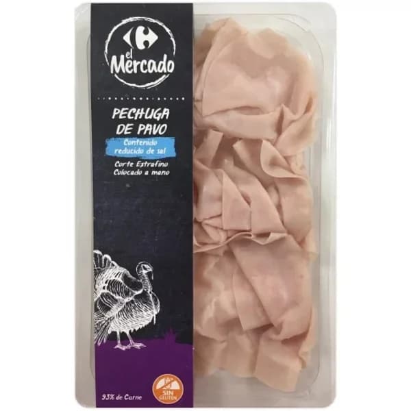 Pechuga de pavo reducida en sal en lonchas extrafinas Carrefour El Mercado sin gluten 100 g - 0.1 kg - Imagen del producto en Findit