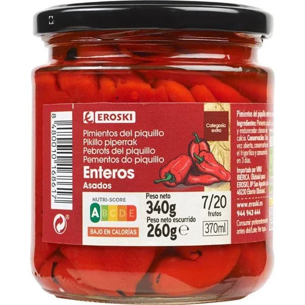 Pimiento de piquillo entero EROSKI, frasco 260 g - 0.26 kg - Imagen del producto en Findit