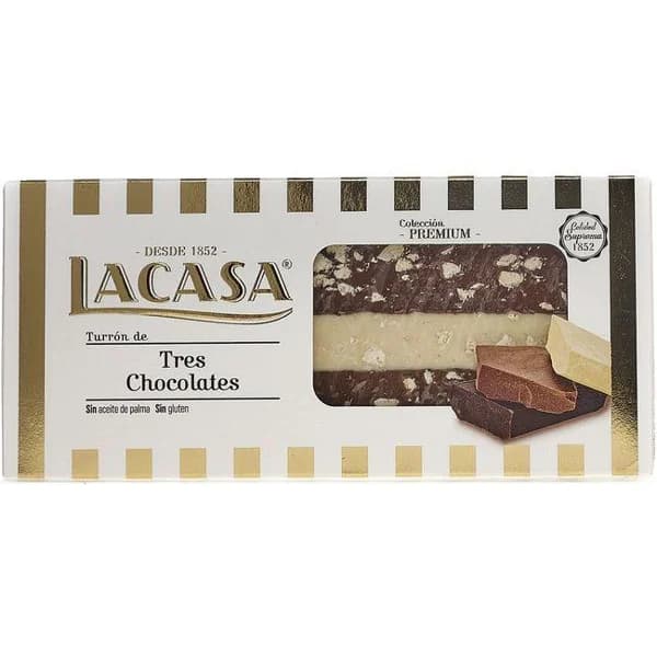 Turrón praliné 3 chocolates LACASA, caja 250 g - 1 ud - Imagen del producto en Findit