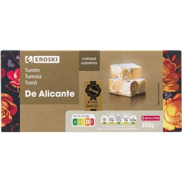 Turrón alicante EROSKI, caja 250 g - 1 ud - Imagen del producto en Findit