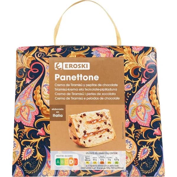 Panettone crema tiramisú y pepitas chocolate EROSKI, caja 750 g - 1 ud - Imagen del producto en Findit