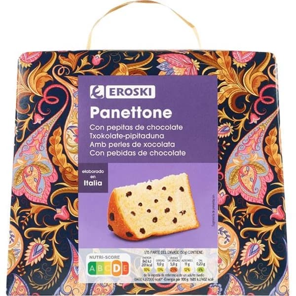 Panettone relleno de pepitas de chocolate EROSKI, caja 750 g - 1 ud - Imagen del producto en Findit