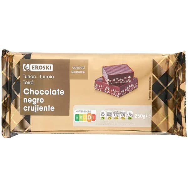 Turrón de chocolate negro crujiente EROSKI, tableta 250 g - 1 ud - Imagen del producto en Findit