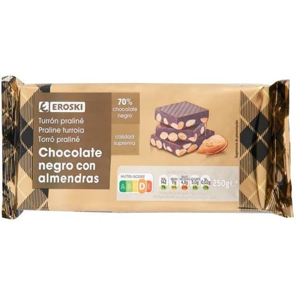 Turrón de chocolate negro 70% con almendra EROSKI, tableta 250 g - 1 ud - Imagen del producto en Findit