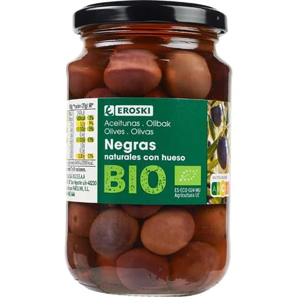 Aceitunas negras EROSKI BIO/ECO, frasco 200 g - 1 ud - Imagen del producto en Findit