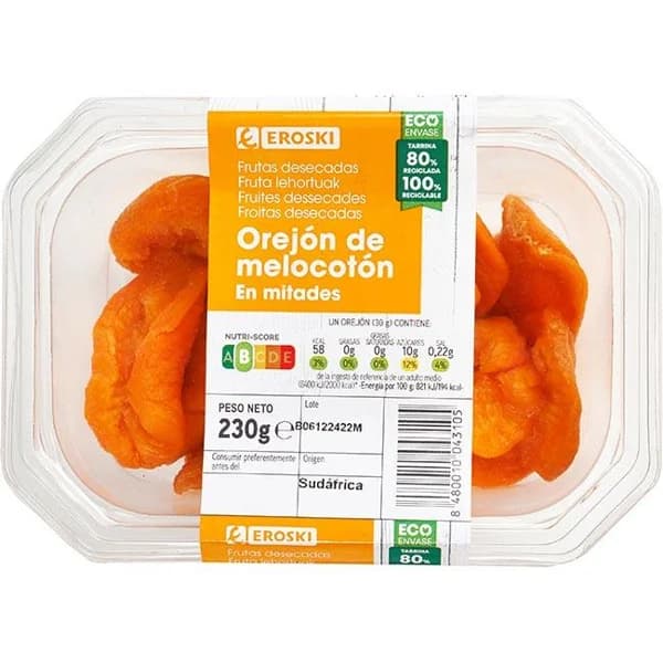 Orejones de melocotón EROSKI, tarrina 230 g - 1 ud - Imagen del producto en Findit